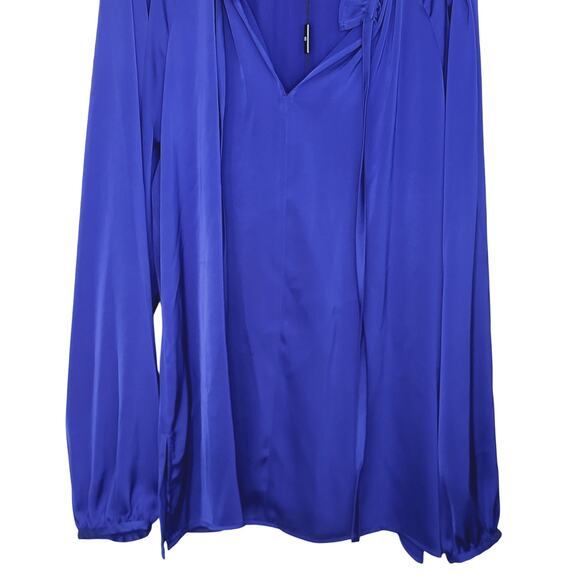 NEW Ming Wang Top Ruffled Tie Keyhole Neck Crepe De Chine Blouse Deep Sky Sz S - Picture 5 of 15